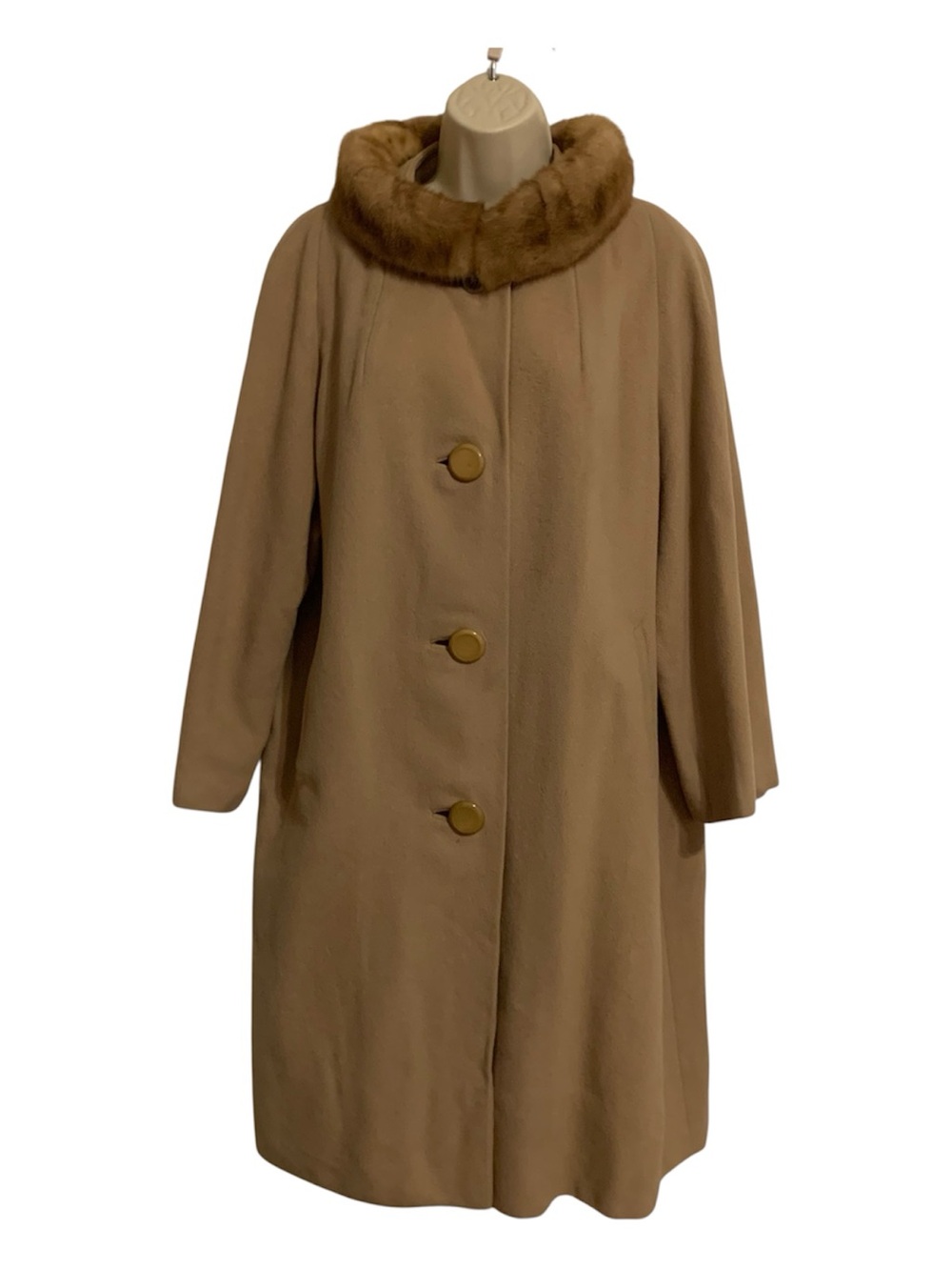 Vintage Camel Fur mink Collar 100% cashmere wool Coat Large loose fit